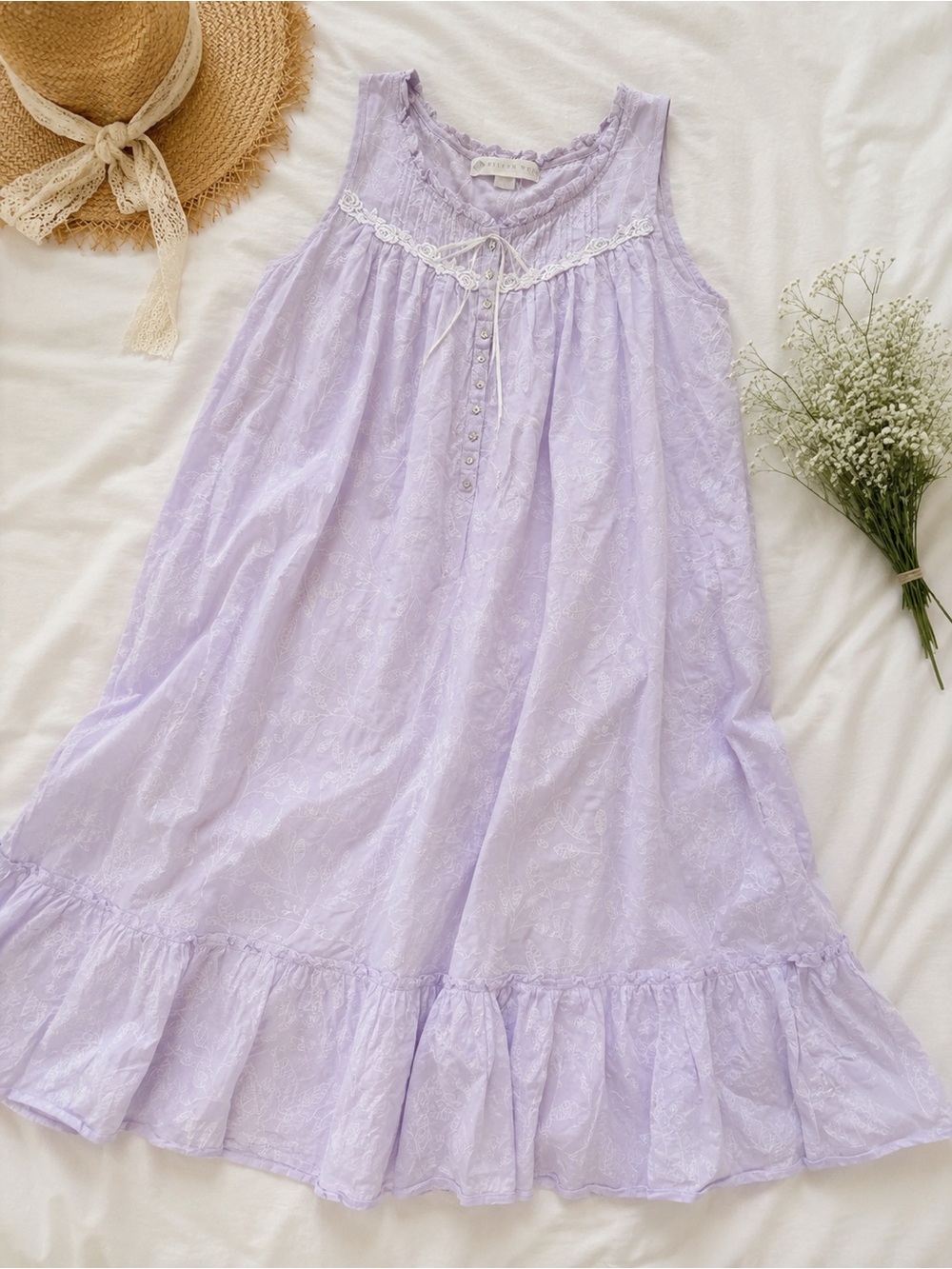 Vintage Eileen West Lavender Floral Cotton Nightgown Cottagecore Prairie Dress S
